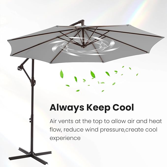 10FT Patio Umbrella, Outdoor Offset Cantilever Umbrella with Sturdy 8 Ribs, Easy Tilt Adjustment for Backyard Pool Garden,Light Gray