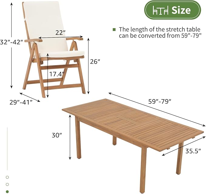 OC Orange-Casual 7 Piece Patio Dining Set, Outdoor Acacia Wood Furniture Set w/Extendable Rectangular Table and 6 Foldable Reclining Chair, Solid Wood, for Deck Garden Backyard, Beige