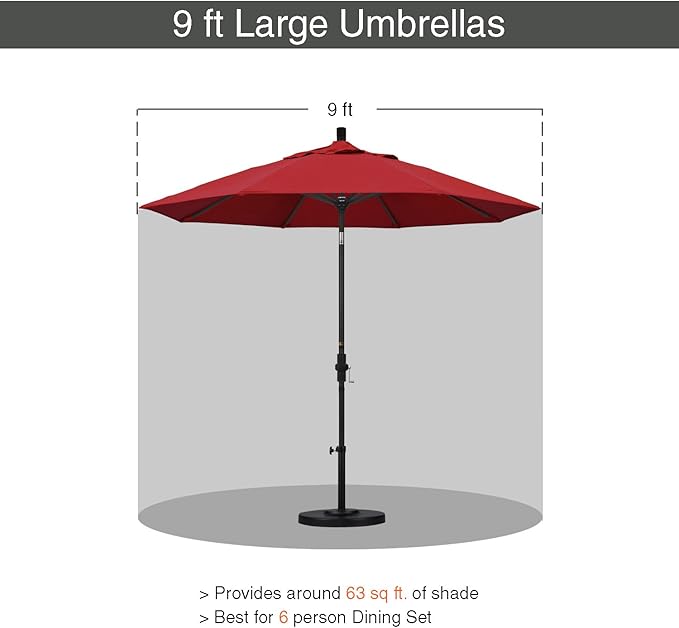 California Umbrella 9' Round Aluminum Market Umbrella, Crank Lift, Collar Tilt, White Pole, Red Olefin