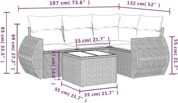 5 Piece Garden Sofa Set Black Cream White Poly Rattan Outdoor Patio Conversation Set 21.7x21.7x14.6 in Glass Table Storage Seat 242 lbs Each for Terrace Balcony Porch