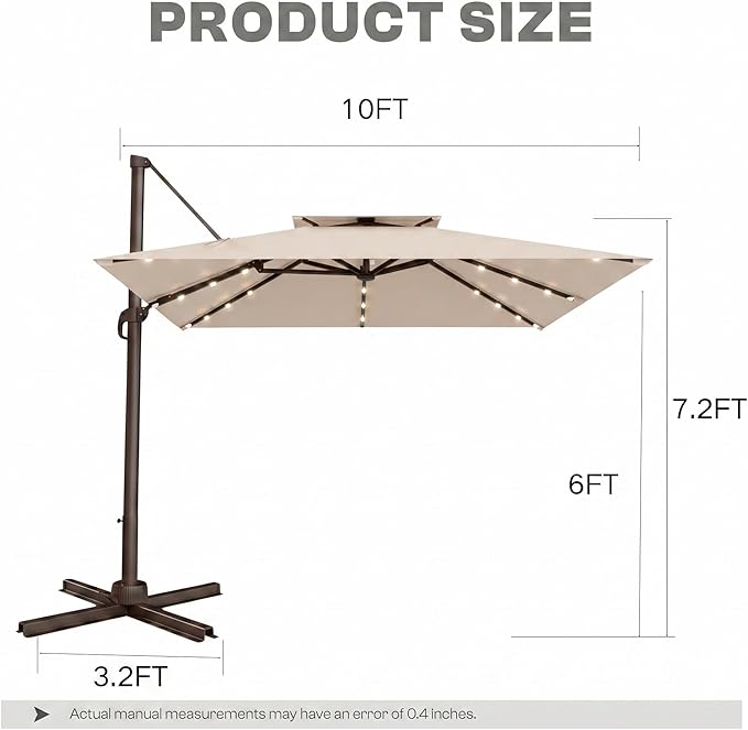 10FT Cantilever Patio Umbrella with Solar Lights, Large Outdoor 2 Tier Aluminum Offset Square Umbrellas 360 Degree Rotation for Garden Deck Pool