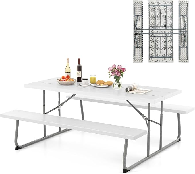 Giantex Folding Picnic Table - 6 FT Outdoor Table Bench Set for 8 Persons w/All-Weather HDPE Tabletop, Metal Leg, Umbrella Hole, Large Outside Dining Table for Patio Garden Yard Poolside (White)