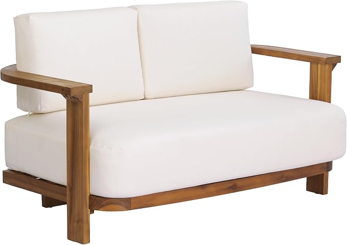 Christopher Knight Home Archer 2 Piece Loveseat Sofa and Coffee Table Set, Acacia Wood Patio Furniture Set with Removable Cushion, Patio Conversation Set with Slatted Design, Beige+Teak