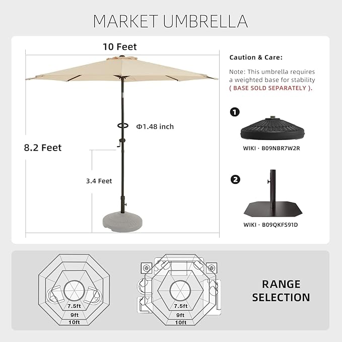 wikiwiki 10 FT Patio Umbrellas Outdoor Table Market Umbrella with Push Button Tilt/Crank, 8 Sturdy Ribs, Fade Resistant Waterproof POLYESTER DTY Canopy for Garden, Lawn, Backyard & Pool, Cream Beige