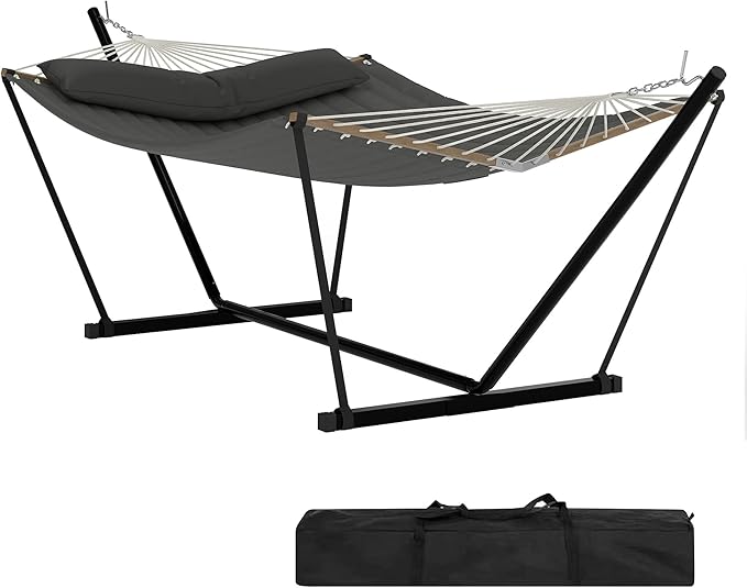 2 Person Double Hammock with Adjustable Steel Stand & Pillow, Heavy Duty Portable Outdoor Hammock Set, MAX 450 LBS Weight Capacity for Patio, Garden, Beach, Backyard