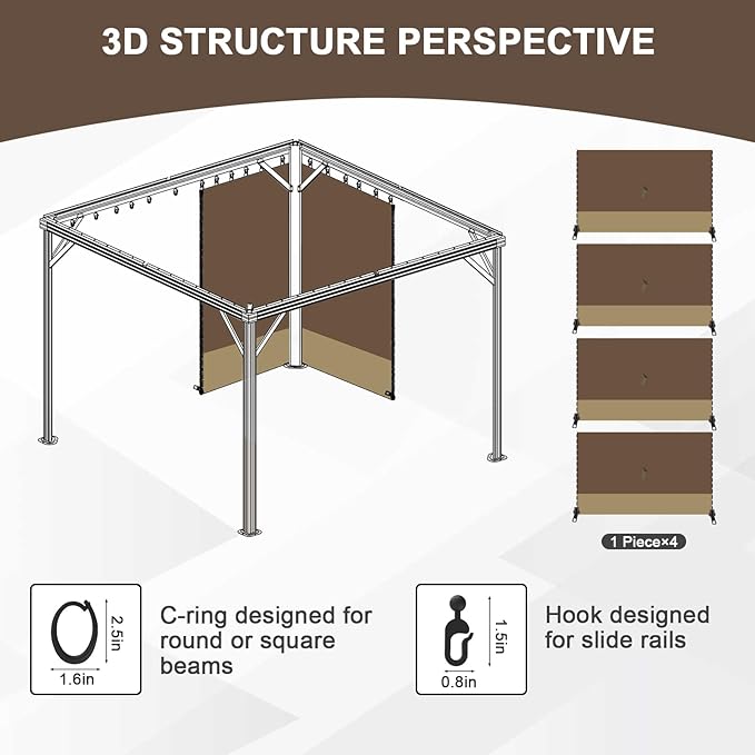 Aoodor 10x12 ft Outdoor Gazebo Curtains, 4 Panels Waterproof Privacy Sidewall Replacement with Zipper for Patio Pergola and Canopy, Brown and Khaki