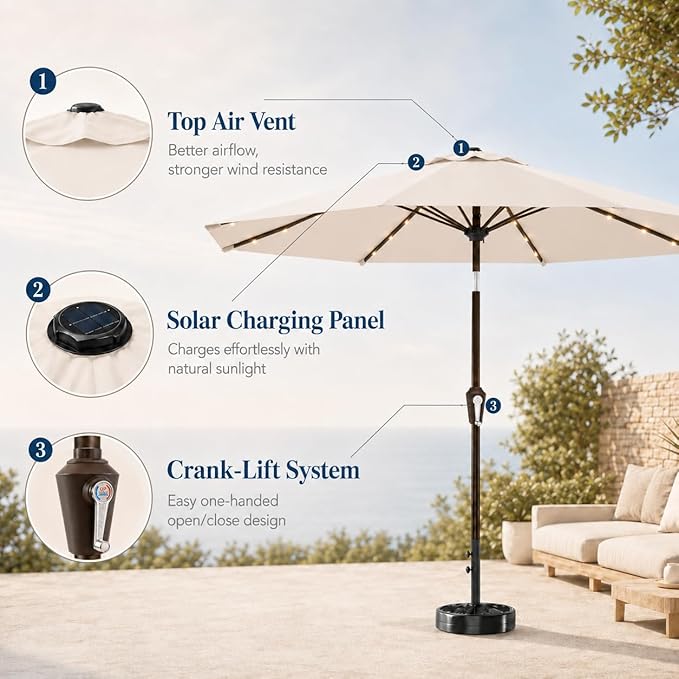 11FT Solar Patio Umbrella with Lights, Outdoor Table Market Umbrella with 32 LED Lights, 8 Sturdy Ribs, Smooth Crank Lift for Pool, Deck and Garden, UV-Resistant