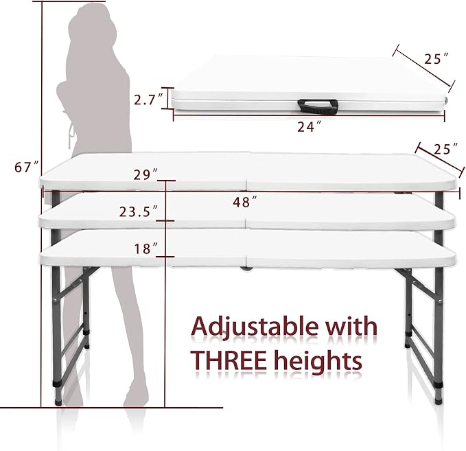 4FT Folding Table Height Adjustable Fold in Half Portable Utility Table with Handle, Lightweight Plastic HDPE Folding Table for Indoor Outdoor Picnic, Party, Camping Use (White)