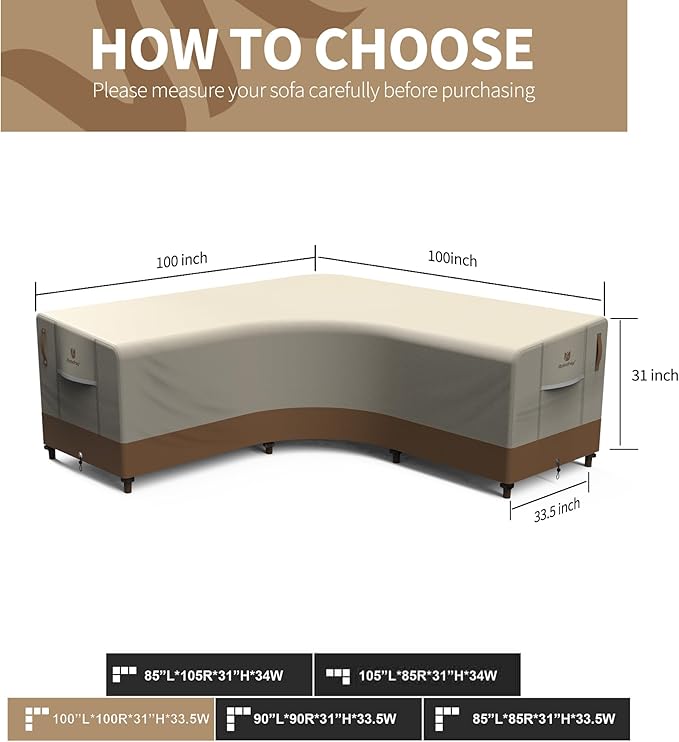 Rosefray 600D Outdoor V-Shaped Sectional Cover,Heavy Duty Anti UV Patio Sectional Sofa Cover with Air Vent, Waterproof Furniture Covers for Deck, Lawn,Backyard 100"x100" khaki brown