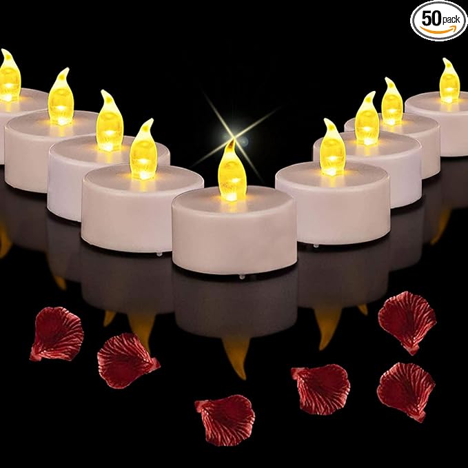Battery Operated Led Tea Lights Candles:50 Pack Flameless Electric Fake Candle, Realistic and Bright Flickering Votive Tealights, Long Lasting 200+Hours,for Wedding,Party,Home Decoration (Warm Yellow)