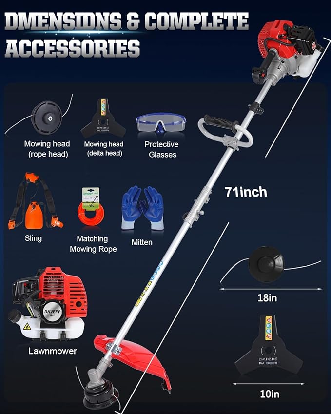 52cc Gas Weed Eater & Brush Cutter, 3-in-1 Heavy Duty String Trimmer for Overgrown Brush, Low-Vibration Weed Wacker with Detachable Shaft & Full-Crank Engine (Orange Silver)