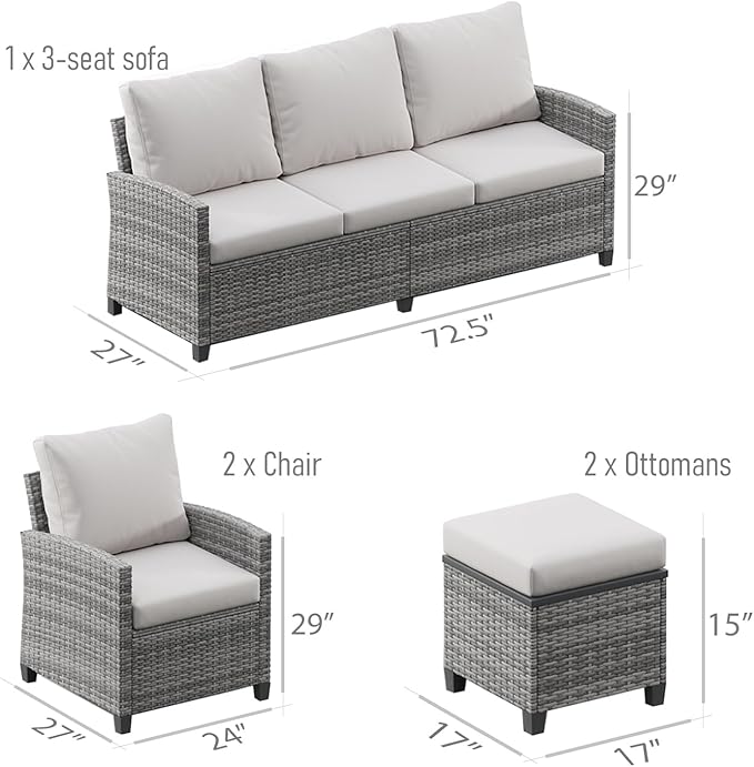 5 Piece Patio Furniture Set, All Weather Outdoor Sectional Set, Wicker Outside Furniture Patio Sofa Set for Backyards, Porch, Poolside, Garden, Balcony (Gray & Beige)