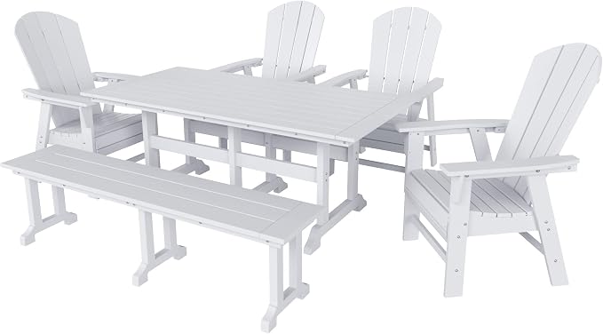 WestinTrends Malibu 6 Piece Adirondack Patio Dining Set with Bench, All Weather Poly Lumber Outdoor Table and Chairs, 71" Trestle Dining Table, 4 Adirondack Chair with Dining Bench, White