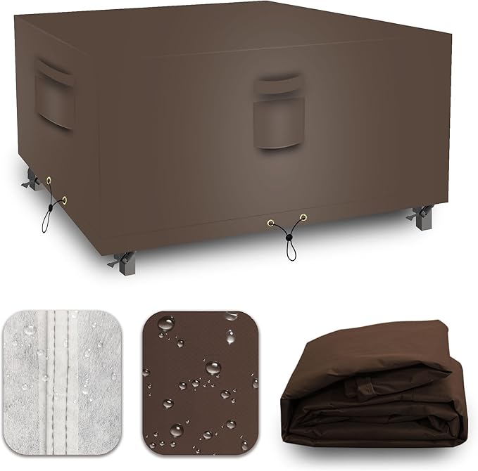 Square Heavy Duty Patio Table Covers Waterproof, 600D Outdoor Dining Table and Chair Set Covers, Outdoor Furniture Cover Waterproof for Sectional Sofa Couch 126''L x 126''W x 32''H, Brown