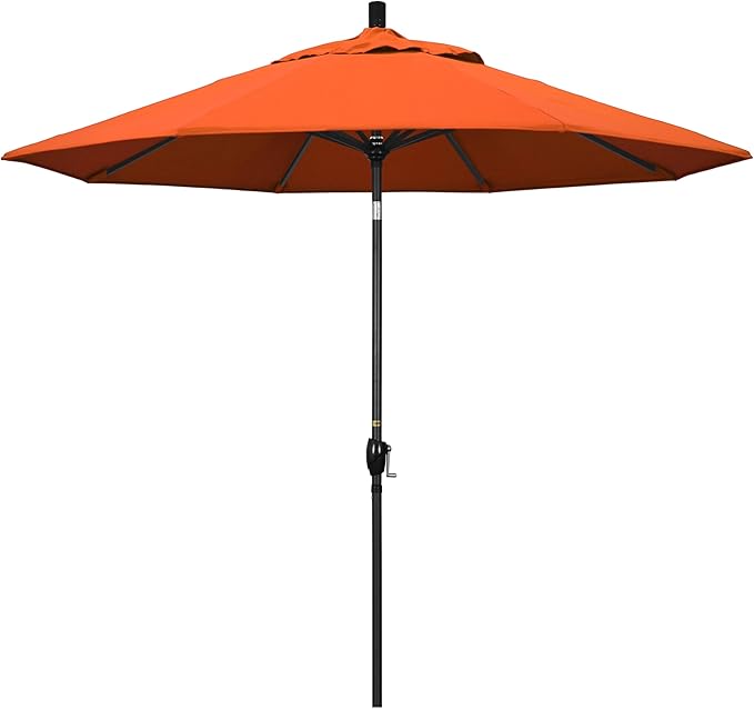 California Umbrella 9' Rd Pacific Trail Series Aluminum Patio Umbrella, Crank Lift, Push Button Tilt, Black Finish, Sunbrella Tangerine Fabric