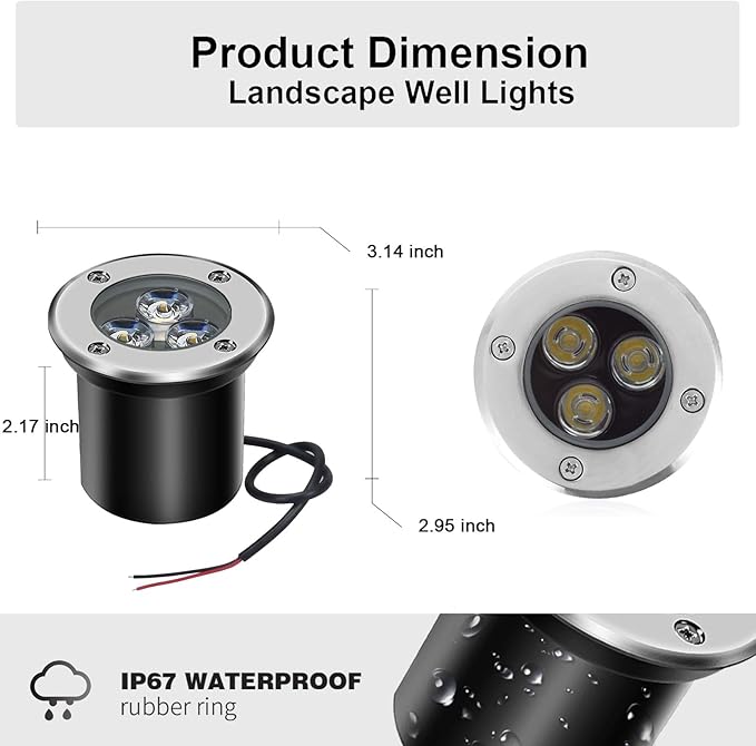 3W Low Voltage Landscape Lighting Well Lights Landscape LED in Ground Waterproof 12V-24V Low Voltage Outdoor in Ground Lights for Pathway Garden 1 Pack with Connectors