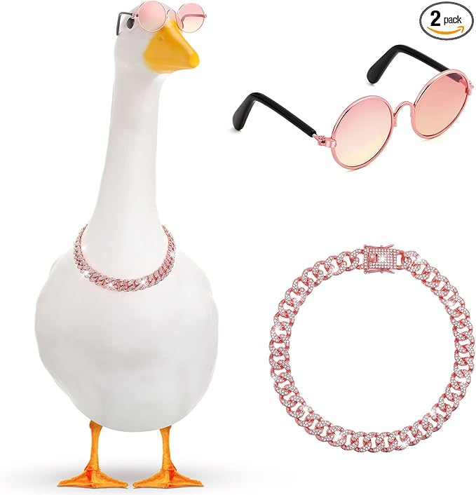 Shyyween Chain Collar and Sunglasses Porch Goose Outfits for Plastic Goose 23"/ 17'' Lawn Geese Statue Sunglasses Collar for Garden Geese Retro Pet Cosplay Party Yard(Pink,Rhinestone)
