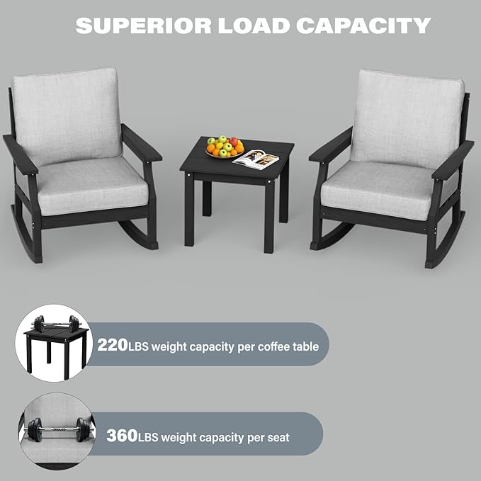 HDPE Patio Conversation Set, 3-Piece All Weather Outdoor Furniture Set with 2 Rocking Sofas for Deck, Lawn, with Cushion, Black