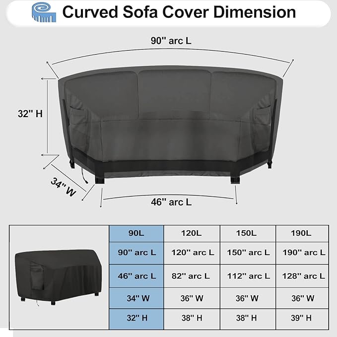 OutdoorLines Waterproof Curved Outdoor Sectional Cover - UV Resistant Windproof Patio Sectional Sofa Covers for Deck, Lawn and Backyard, Heavy Duty Furniture Covers (90Lx34Dx32Hx46FL, Black)