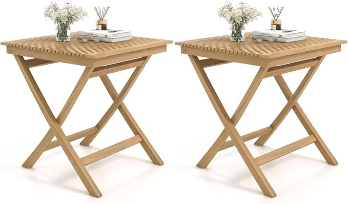 Tangkula 27.5 Inch Teak Wood Patio Dining Table, Square Outdoor Bistro Table with Slatted Tabletop, Sturdy Wood Frame & Thickened Top, Teak Outside Dining Table for Balcony, Deck, Backyard, 2 Pack