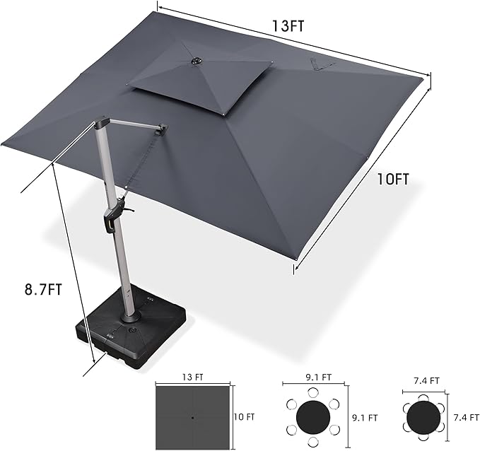 PURPLE LEAF 10 X 13 FT Patio Umbrella with Base Included Cantilever Umbrella with 360° Rotation Outdoor Offset Umbrella Windproof Heavy Duty Sun for Garden, Backyard and Pool, （Grey）