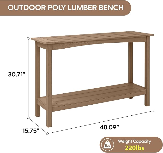 Weatherproof HIPS Outdoor Console Table, 48'' 2-Shelf Side Table Indoor/Outdoor Use, Multifunctional Buffet Table Bar Storage Organizer for Entryway, Patio, Outside Plant Stand Table, Brown