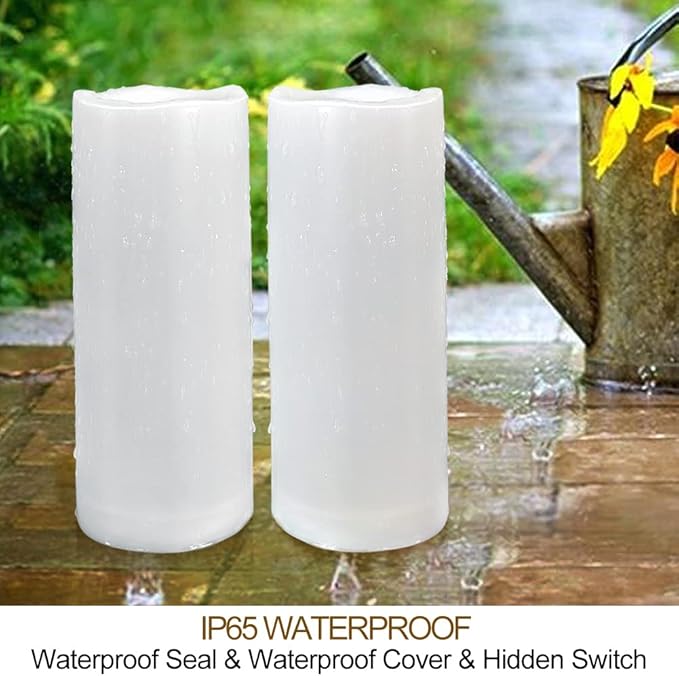 Pack of 2 White LED Candles Outdoor 3x8 - Unscented IP65 Waterproof Battery Powered Flameless Pillar With Remote and Timer - Flickering