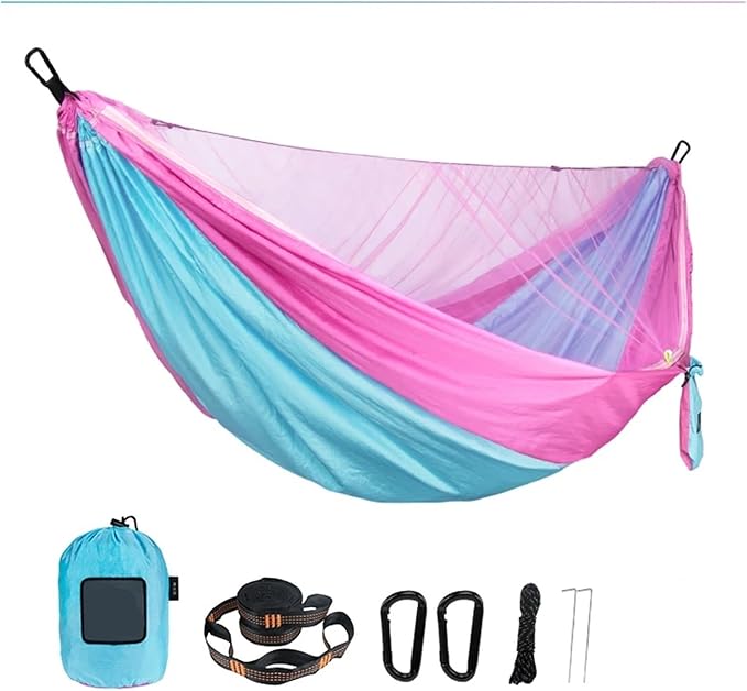 Portable Quick Set Net Camping Hammock Outdoor Hanging Bed Sleeping Swing(Sky Blue and Pink)