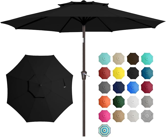 JEAREY 9' 2-Tiers Patio Umbrellas Outdoor Table Market Umbrella w/Push Button Tilt/Crank, 8 Sturdy Ribs, UV Protection Waterproof Sunproof(Black)