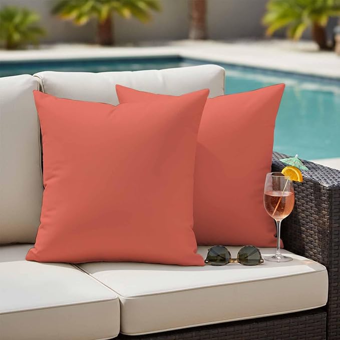 Outdoor Pillow Covers Set of 2, Solid Color Coral Red Decorative Throw Pillow Covers 16X16IN, Minimalist Style Throw Pillows Protector Cushion Case for Patio,Couch,Sofa,Garden