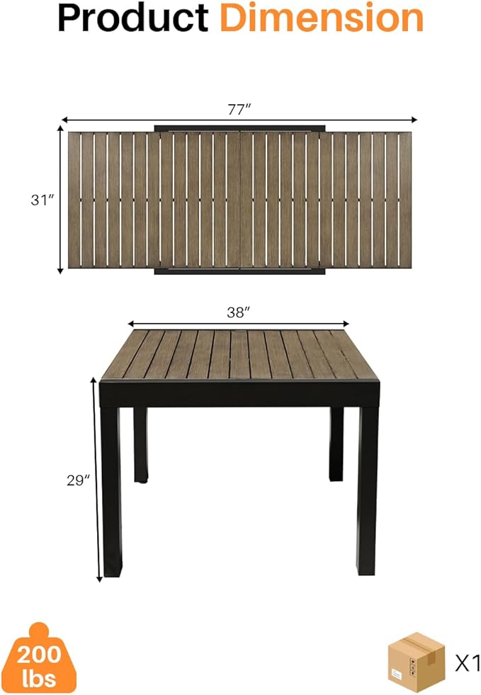Extendable Outdoor Dining Table for 4-8 Person, Never-Rust Aluminum Expandable Patio Dining Table, 38"-77" Adjustable Square/Rectangle Extendable Patio Table for Garden, Lawn, Deck, Limed Oak
