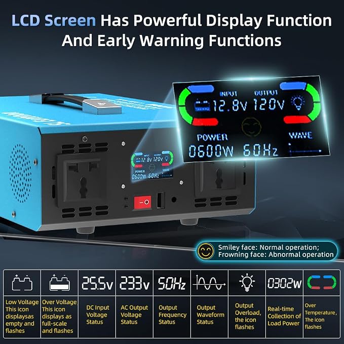 3000W Pure Sine Wave Power Inverte rvoice Control AI Voice Assistant Support English 24V to 120V 60HZ with LCD Display, USB Port, for Car Home Laptop Truck