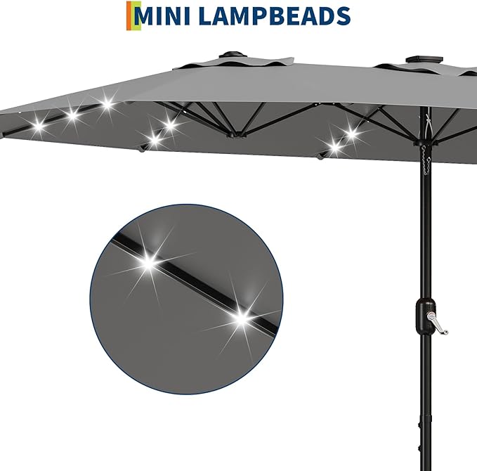 15FT Double-Sided Rectangular Outdoor Patio Umbrella with Included Base & Solar LED Lights–UV-Resistant & Waterproof Canopy,Heavy-Duty Steel Frame,Large Sun Shade for Garden,Deck,Poolside & Backyard