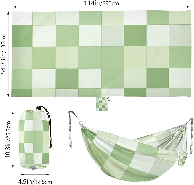 Light Green and White Checkered Pattern 330lb Capacity Camping Hammocks with Portabl Carry Bag Swing Hammock for Outside Patio Backyard Poolside hamaca para adultos