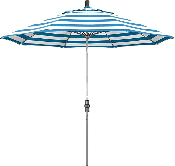 California Umbrella 9' Rd. Crank Lift, Collar Tilt, Aluminum Pole, Fiberglass Rib Patio Umbrella, Hammertone Grey Finish, Sunbrella Cabana Regatta
