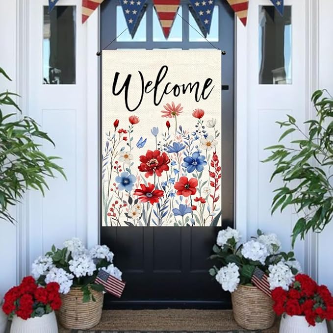 RABUSOFA 4th of July Memorial Day Patriotic House Flag 28x40 Inch Double Sided,Red White and Blue Floral Yard Outdoor Decoration Large