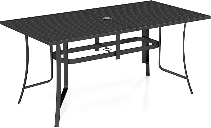 Tangkula 63" x 33" Metal Patio Dining Table for 6, Rectangle Heavy Duty Outdoor Dining Table with Umbrella Hole, 6-Person Outside Dining Furniture for Porch, Garden, Balcony and Backyard