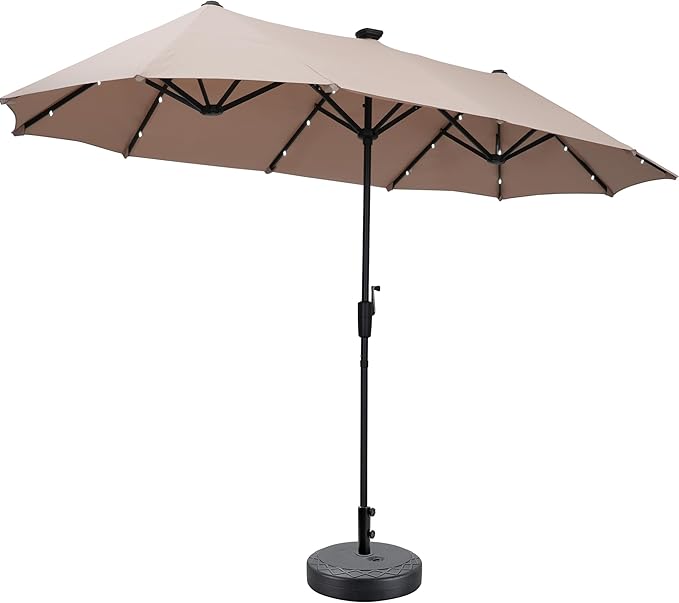13Ft Large Patio Umbrella with Base Outdoor Double-Sided Market Extra Large Table Umbrella With Solar Lights Easy Crank for Yard, Poolside, Deck-Khaki