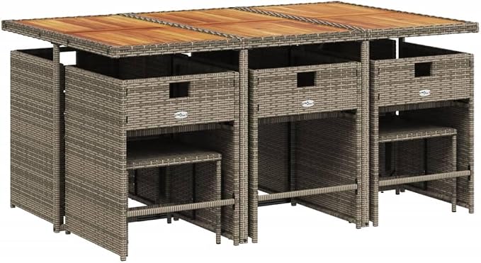 11 Piece Garden Dining Set with Cushions Grey Poly Rattan Outdoor Patio Furniture Table Chairs Stools Folding Backrest Design Acacia Wood Top Navy Blue