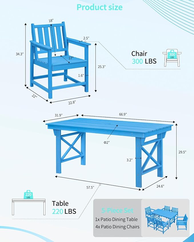 7-Piece Patio Dining Table Sets, Outdoor HDPE Dining Furniture Set Umbrella Hole Cut-Out Table and 6 Chairs for Backyard, Lawn, Deck and Poolside, Blue