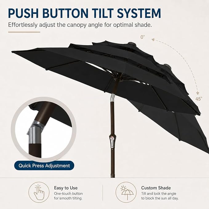 10ft Patio Umbrella, 3-Tier Vented Outdoor Table Umbrella with 8 Sturdy Fiberglass Ribs, Windproof Market Umbrella with Push Button Tilt and Crank, UV Protection for Deck, Pool, Black