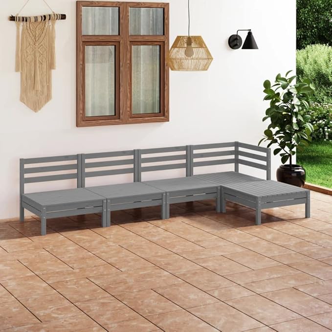 5 Piece Patio Lounge Set, Patio Conversation Set Outdoor Dining Sets Front Porch Furniture Garden Lounge Set for Negotiation Area Garden Exhibition Poolside Solid Pinewood Gray