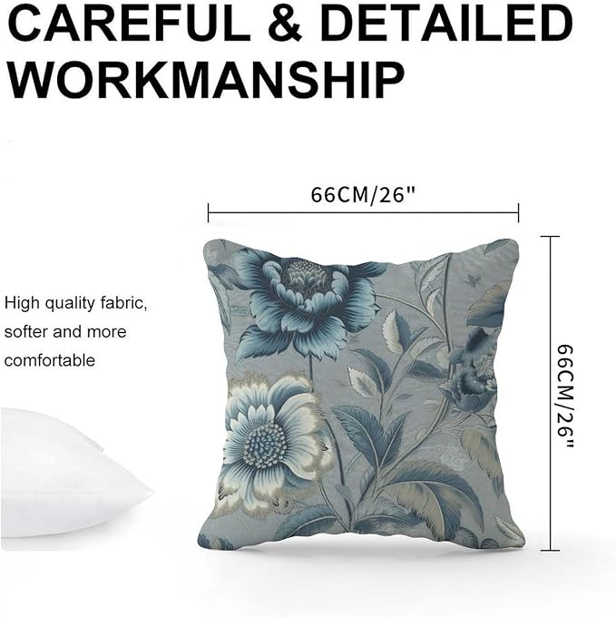 Spa On Flax Blue Chinoiserie Pillowcase Blue Grey Asian Flower Throw Pillow Cover Retro Outdoor Waterproof Decorative Pillow Cover for Patio Garden Couch Tent 26x26 in