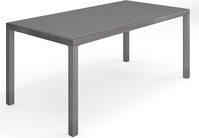 Martha Stewart Bedford 71" Indoor-Outdoor Aluminum Patio Table with Umbrella Hole and Brushed Woodgrain Finish in Gray