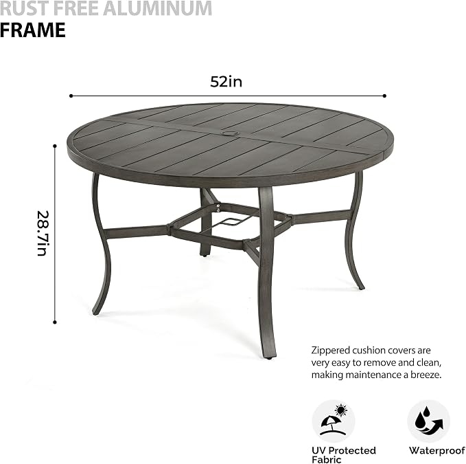 HAPPATIO Round Outdoor Dining Table, 52-inch Aluminum Patio Table with Umbrella Hole, All-Weather Aluminum Frame for Deck Lawn Garden Backyard Balcony Deck,