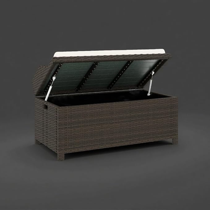 2-in-1 Outdoor Wicker Storage Bench & Outdoor Storage Box with Gas Struts- 34 Gallon Water-Resistant Deck Box,Splash-Proof Cushion & Removable Cover.Deep Coffee Rattan,Patio Storage Cabinet Solution