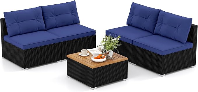 DORTALA 5 Piece Wicker Patio Furniture Set, PE Rattan Outdoor Sectional Conversation Set with Acacia Wood Coffee Table, 4 Chairs for Deck, Backyard, Poolside, Navy