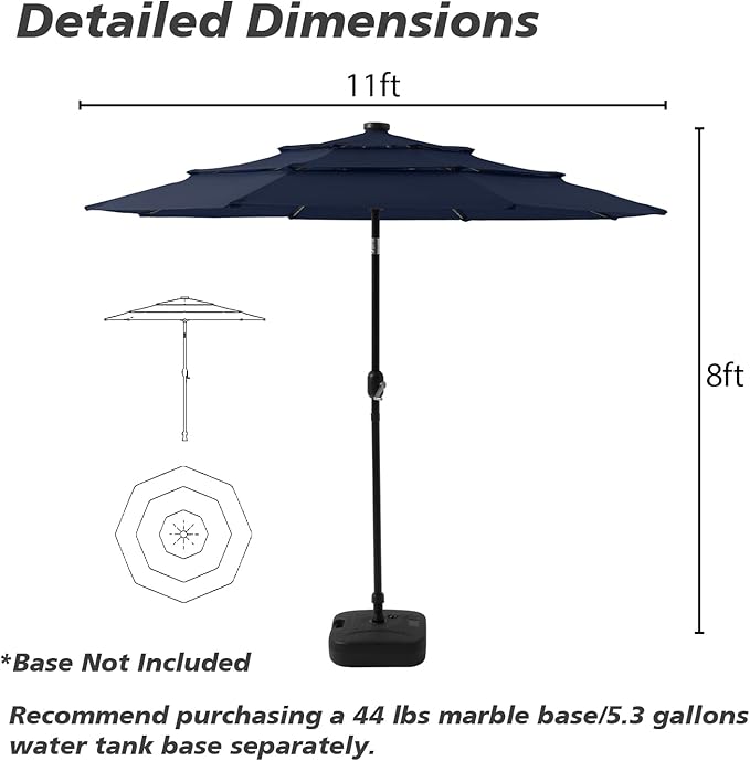 HOMPUS 9FT/10FT/11FT 3 Tiers Solar LED Patio Umbrella for Outside, Outdoor Market Umbrella with Push Button Tilt, 40 LEDs, Sun Shade for for Backyard, Deck, Garden