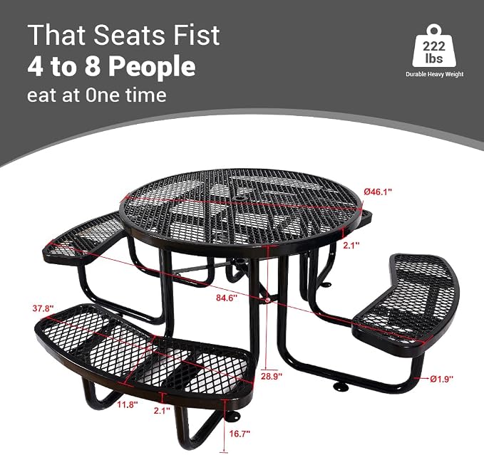 46" Thermoplastic Picnic Table with Umbrella Hole up to 1.5", Heavy Duty Commercial Picnic Table for Outdoor, Family & Party Ready for School Camping, Round, Black