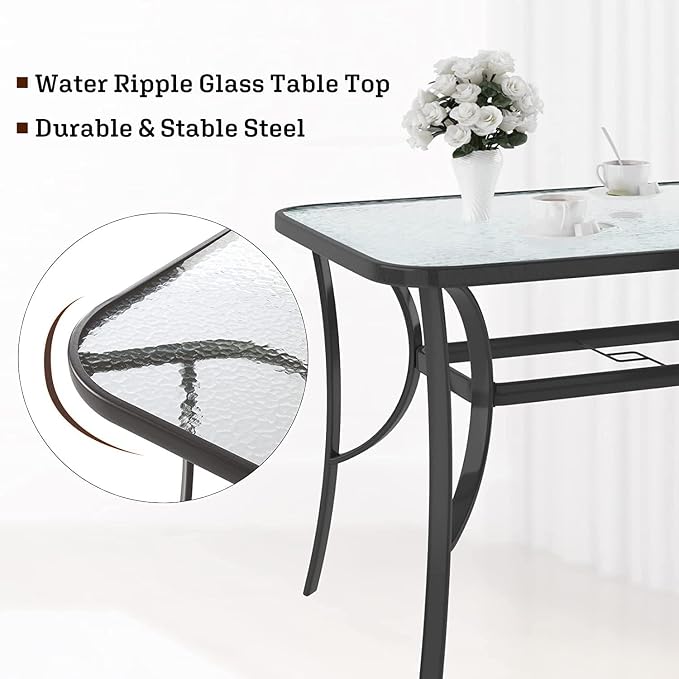 SogesPower Outdoor Tempered Glass Table Patio Dining Table with Umbrella Hole Steel Frame 47 Inch Black